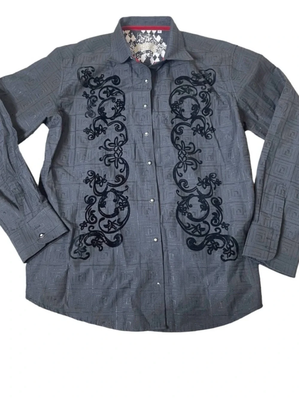 Men's Long Sleeve Charcoal Gray/black Embroidered Dress Shirt SZ XL western rock